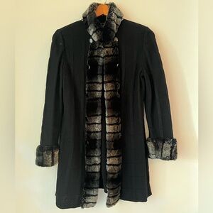 Ming Wang Open Front Faux Fur Lined Black Knit Cardigan size Small Blazer Jacket